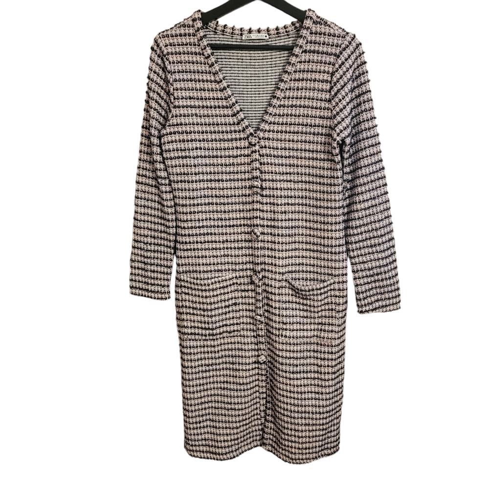 Zara Pink Tweed Checkered Button Front Midi Dress